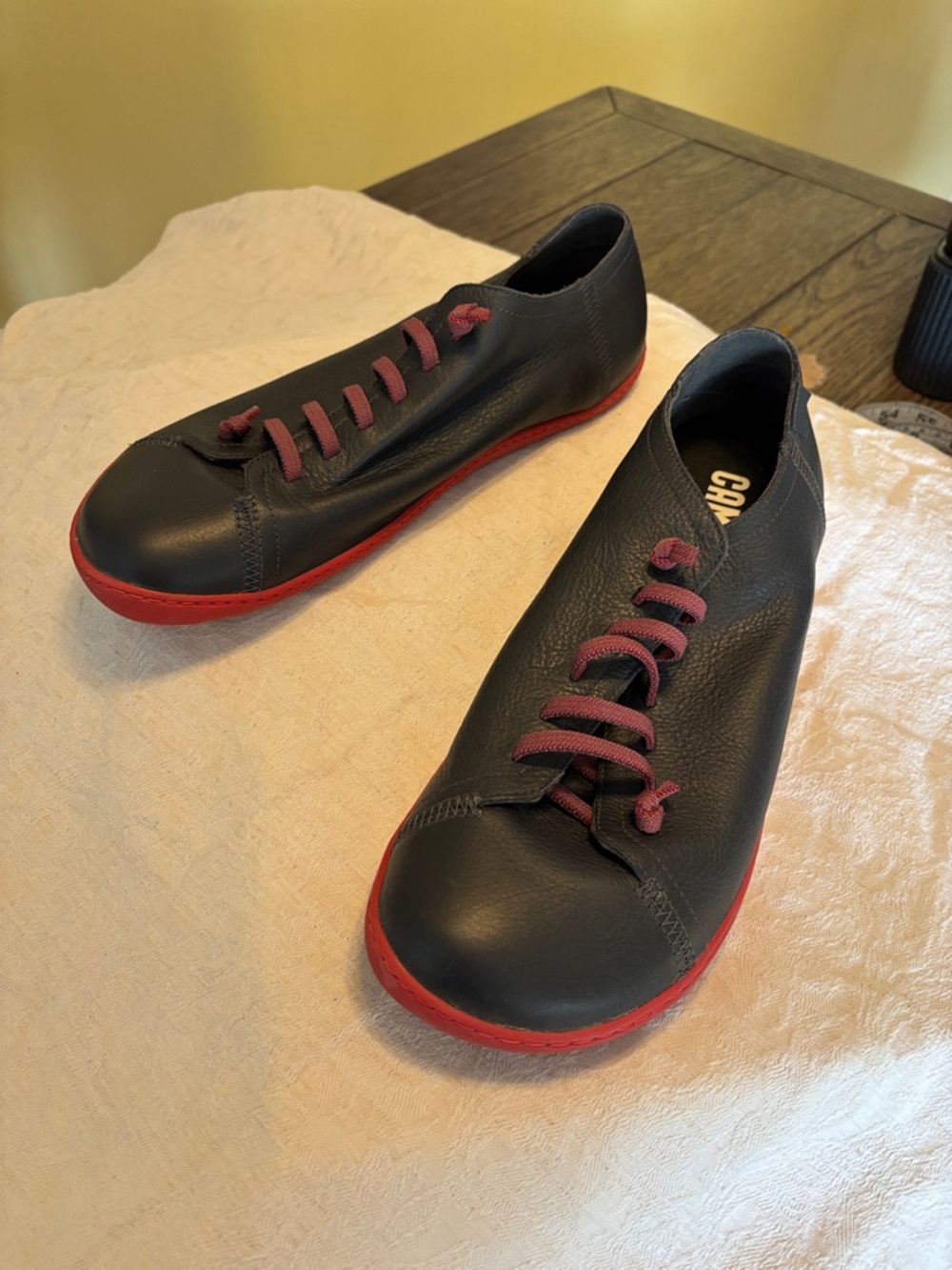 Camper Black Leather Loafers with Red Sole and Burgundy Laces sz45